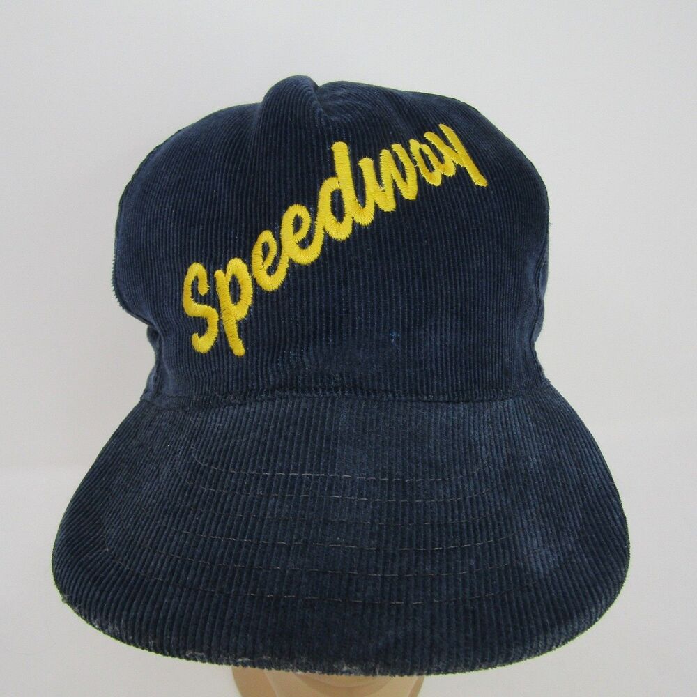 Vintage Speedway Corduroy Snapback Hat Navy Blue Yellow Embroidered Made USA
